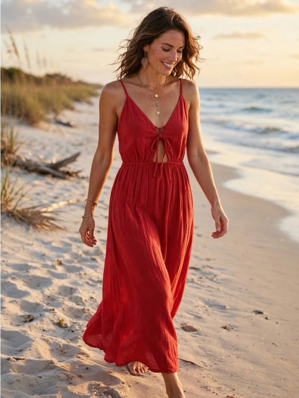 O’Neill Sleeveless Maxi Dress cut out back tie front Size L  NWT